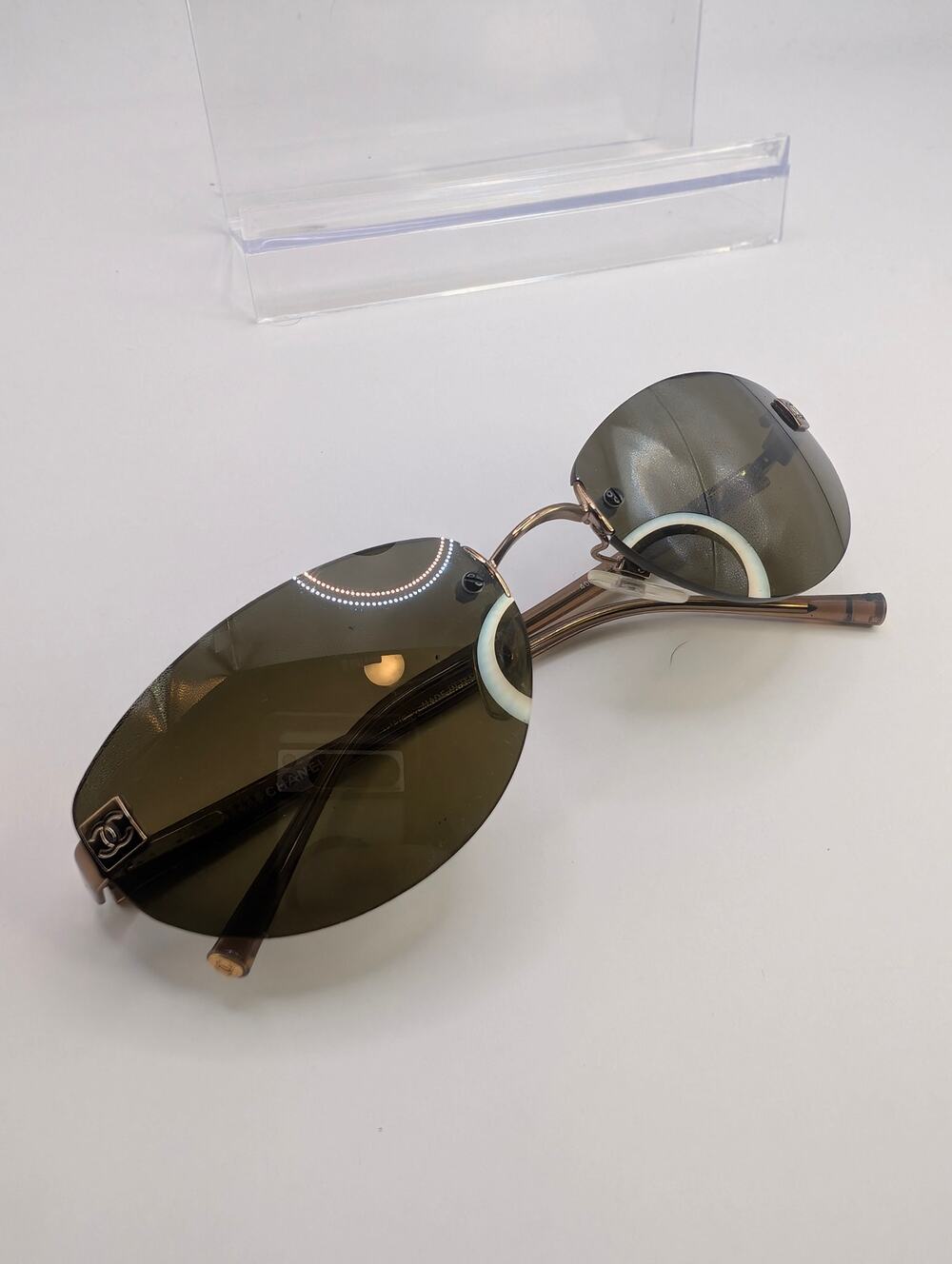 Authentic Chanel 4069 Rimless Sunglasses Bronze CC Logo Green Lens